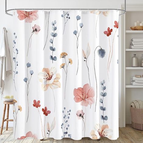 Duschvorhang mit Aquarellblumenmuster, korallenbeige Duschvorhang mit Blumenmuster, modernes minimalistisches Duschvorhang-Set aus weißem, wasserdichtem Stoff mit Haken, 183 x 183 cm (1/5)