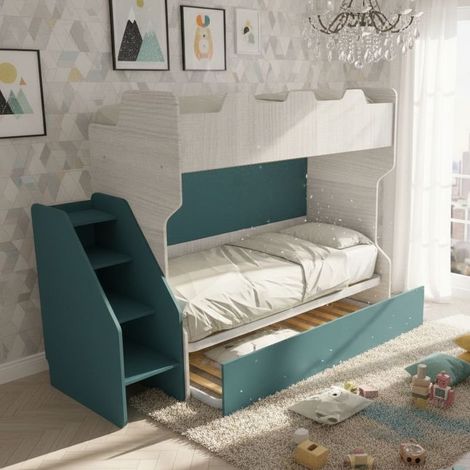 Letto a castello salvaspazio con terzo letto estraibile e scala laterale - Ideale per camerette - Rovere rock e verde petrolio