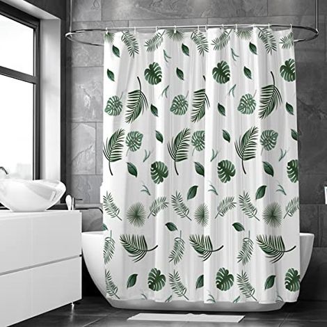 Rideau de douche anti-moisissures 180 x 200 cm - Motif feuilles - Avec anneaux de suspension - Rideau de douche