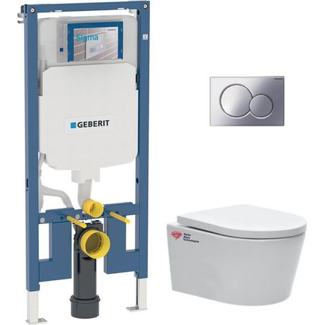 Geberit – Pack WC bâti-support extra-plat 114 cm – Cuvette suspendue sans bride – Abattant softclose – Plaque chrome brillant