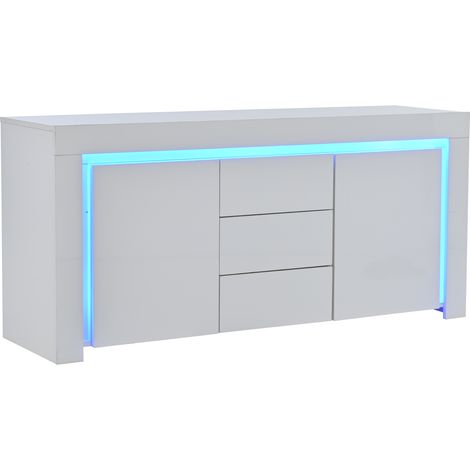 CAIziBuffet moderne 140x40x65 cm, 3 tiroirs, 2 portes, LED, blanc brillant (1/5)