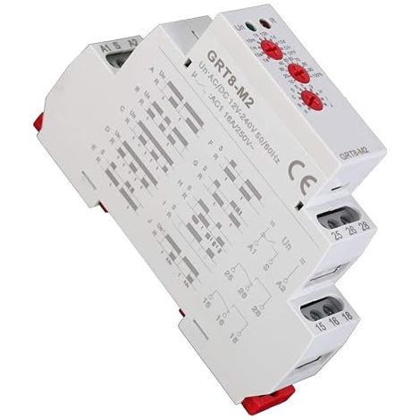 Relé temporizador GRT8 M2 de 10 funciones, 12V-240V CA/CC, retardo de 0,1 s a 10 J, montaje en riel DIN para automatización industrial. (1/5)