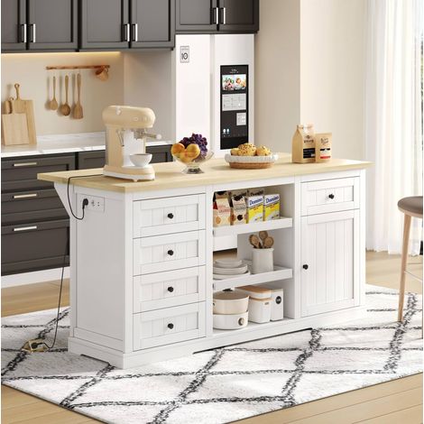 Isla de cocina 150x65x75,5 cm en MDF blanco y madera natural con almacenaje FloraGrace (1/5)