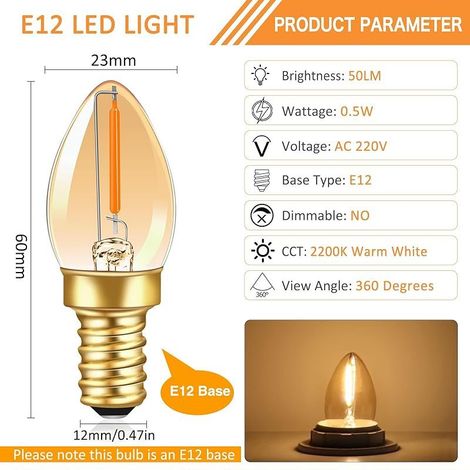 Ampoule Bougie LED C7 E12 Blanc Chaud 220V 0.5W Petite Ampoule Vintage Edison Remplacement 5W Incandescent, 50LM 2200K Ambre E12 Ampoule LED Décorative Veilleuse Lampe à Sel, Non Dimmable, Lot de 2 (1/4)
