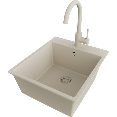 PRIMAGRAN Evier Cuisine en Granit 43x50cm,Lavabo 1 bac + Robinet 32x20cm + Kit de Vidage, Évier à Encastrer au meuble 45cm - Riga, Beige (1/5)