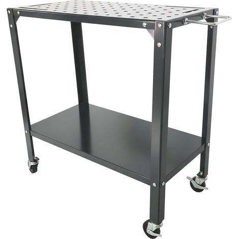Mesa de soldadura móvil con tablero perforado y estante
