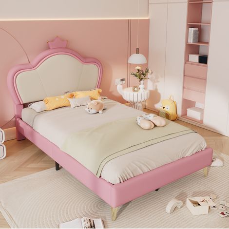 Cama infantil 90x200 cm blanca y rosa de PU, cabecero con corona (1/5)