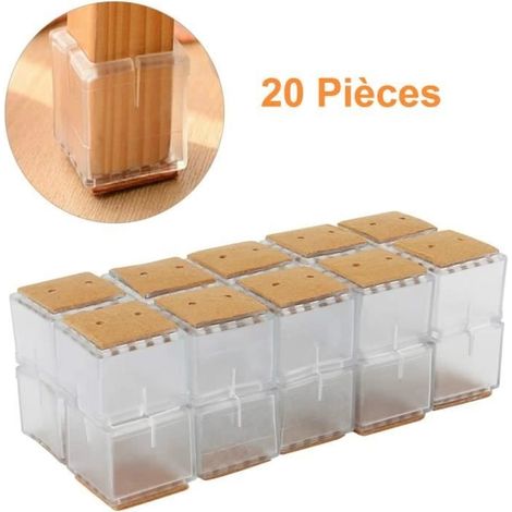(Transparent + Marron) Protections de pieds de chaise en silicone, protections de pieds de meubles et de table, protections antidérapantes en feutre (carré - 20 pièces / 30-35 mm)