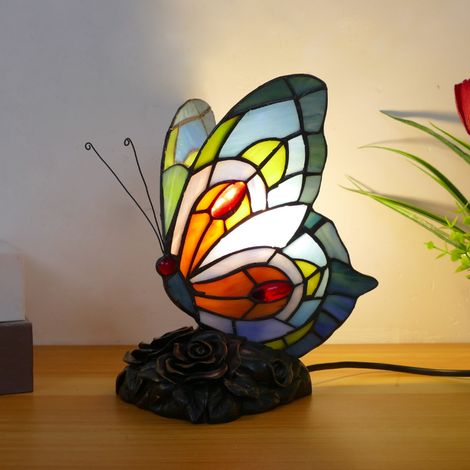 Lampe papillon Tiffany Lampe de table en verre teinté Petite lampe de chevet pour fille Cadeaux de fête des mères Grand-mère [Classe énergétique F]