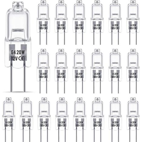 Lampadine alogene G4, 12V 20W, attacco a spina, luce bianca calda 3000K, 350lm, dimmerabili, a bassa tensione, con capsula trasparente, confezione da 20 (1/5)