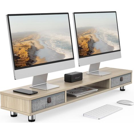 Fenge Dual Monitorständer mit 2 Schublade Großer Bildschirmständer für Computer TV Laptop, Monitorständer,108x23,5x15,2-16,7cm,Eiche