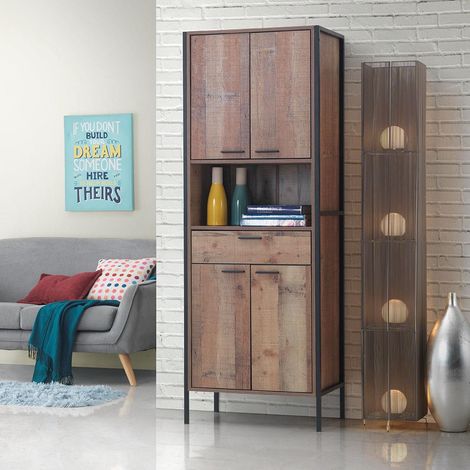 4 Door Rustic Oak Display Storage Cabinet With Black Metal Frame Wood Modern Shelves (1/5)