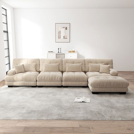 Divano ad angolo modulare - 406x145x81 cm - 4 posti - Stile Cloud con pouf rimovibile - Tessuto Chenille - Caffè chiaro