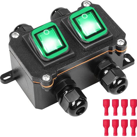 IP66 Waterproof DPST 12V DC 20A 8-Pin 2-Position On/Off Outdoor Rocker Switch Box, with Green Light