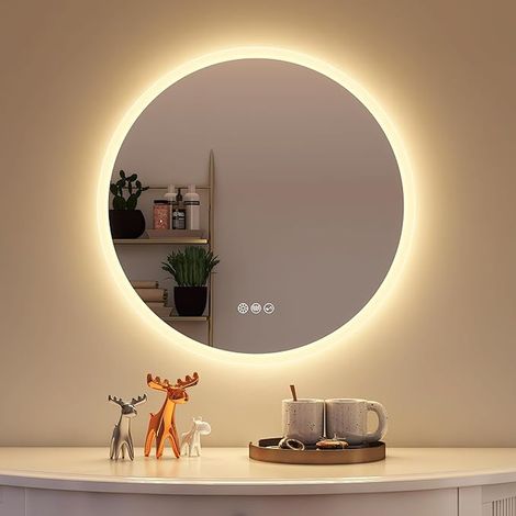 60 cm Mirror-Round-LED-Bathroom-with-Lighting and Bluetooth, Anti-fog, 3 Light Colours, Dimmable, Memory, IP44, HD Tempered Glass Wall Mirror (1/5)