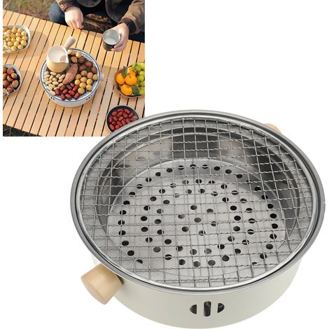 Tragbarer Tischgrill aus Edelstahl mit rundem 28 cm Durchmesser für den Innen- und Außenbereich, Holzkohleschale und Grillrost aus einer Legierung (1/5)