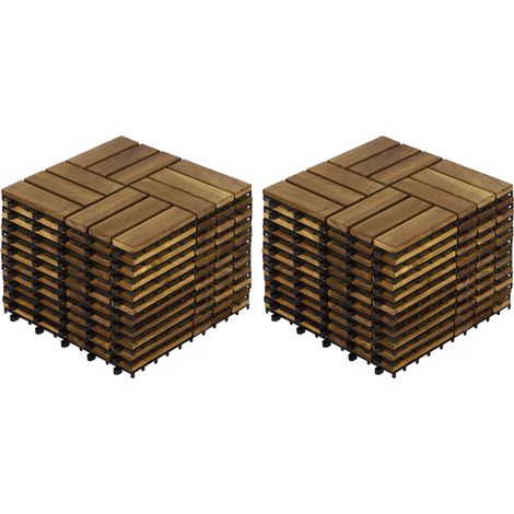 Lot de 22 dalles de terrasse emboîtables 30,5 x 30,5 cm, bois d’acacia jaune, motif damier, drainage intégré, pour balcon, patio et piscine  CHICFURN (1/5)