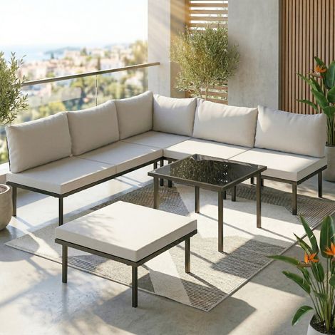 Salon de jardin extérieur d'angle modulable 6 personnes, table basse avec plateau en verre trempé, gris clair (1/5)