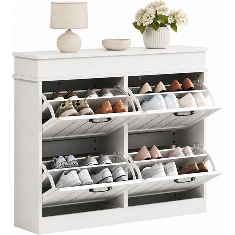 Meuble à chaussures bas 4 portes abattantes, 8 compartiments, MDF blanc, poignées noires, design étroit gain de place pour entrée, couloir et salon CHICFURN (1/5)