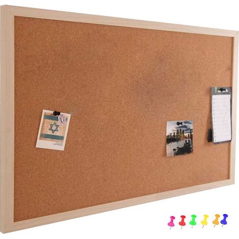 TRADE SHOP - Pannello Bacheca Da Parete In Sughero Con Cornice Legno 60 X 90 Cm + 6 Puntine -