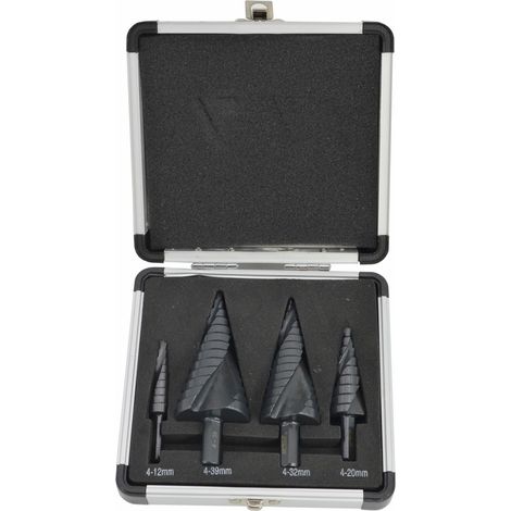 AWTOOLS WIERTŁO STOPNIOWE SPIRALNE KPL. 4szt./ 4-12 4-20 4-32 4-39mm/ AICrN/ CZARNE/ ETUI PLASTIK