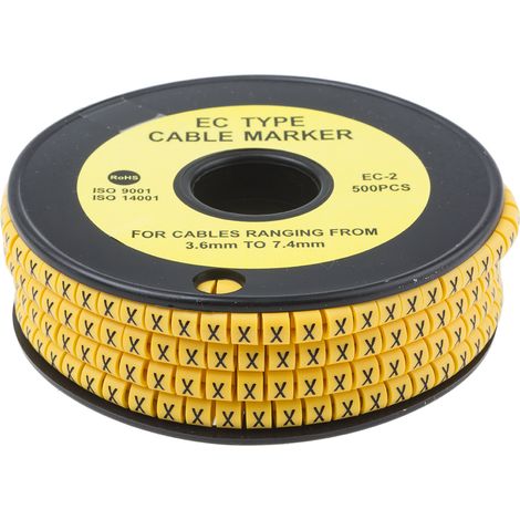 Repère câble , Ø câble 3.6  7.4mm, texte : X, Noir sur Jaune ( Prix pour Bobine de 500 )