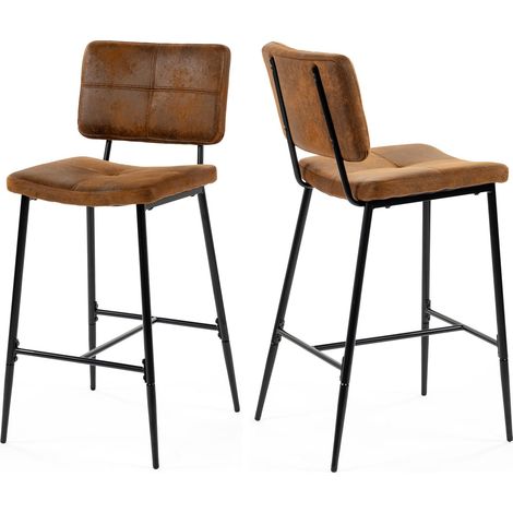 Lot de 2 Tabouret de Bar Industriel avec Dossier et Repose-Pieds, Siège Rembourrés de 75 cm de Haut, Chaises Hautes en Suédine Cadre en métal, Marron (1/5)
