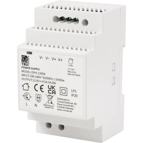 TRU COMPONENTS TC-10580816 Alimentatore per guida DIN 12 V/DC 4.5 A 54 W Num. uscite:1 x Contenuto 1 pz. (1/5)