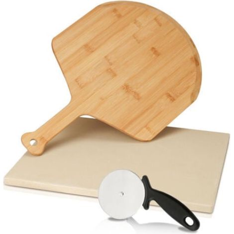 Pierre de cuisson avec planche à découper et coupe-pizza, lot de 3 pièces, matériau pierre et bambou, dimensions 38 x 30 x 1,5 cm, coloris multicolore (1/5)