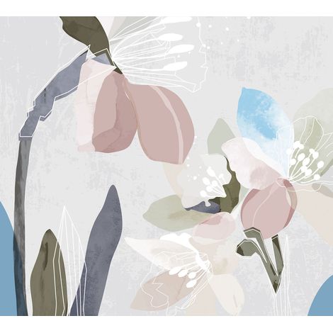 papier peint panoramique fleurs gris, rose et bleu - Sanders & Sanders (1/3)