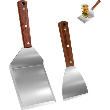 Set di spatole per barbecue in acciaio inox, composto da spatola per griglia, grande pala per barbecue e schiaccia hamburger. (1/5)