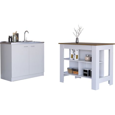 Tuhome Concept – Ensemble de cuisine Phoenix – Îlot 100x70cm en bois – Meuble avec évier 100x50cm en acier inoxydable – Finitions blanches caramel (1/4)