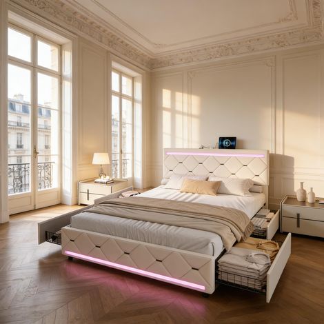 Lit Double 160x200 avec Sommier et LED, Cadre de Lit Adulte avec 4 Tiroirs de Rangement, Tête de Lit Rembourrée en Velours avec USB + Type-C, Design Hexagonal Moderne, Beige (1/5)