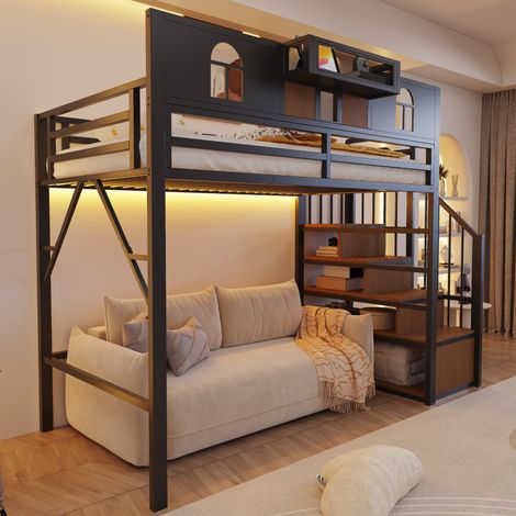 Lit superposé métallique 90x200cm, échelle avec rangement, éclairage intégré, compartiment de stockage, fenêtre, panneaux bois et grillage métallique, garde-corps surélevé, cadre en acier résistant, n (1/5)