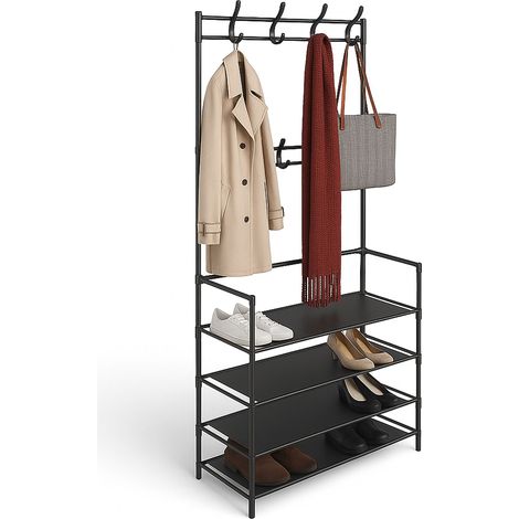 Relaxdays Guardaroba Appendiabiti con 4 Ripiani per Scarpe e 8 Ganci Appendi Abiti, HLP: 150x61x27,5 cm, Metallo, Nero