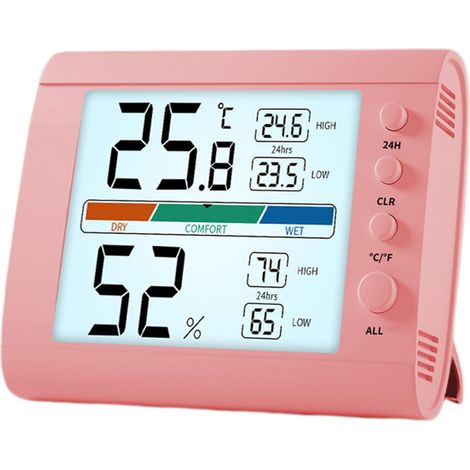 Digitaler Wecker mit gut lesbarem LCD-Display, Luftfeuchtigkeit, Temperatur und Timer, Tischuhr, batteriebetrieben, für Zuhause und Büro, Pink