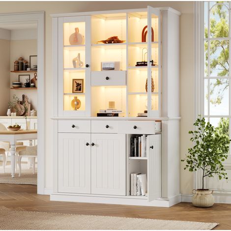 Vitrina con LED, 4 cajones y 21 compartimentos, blanca, 119,5 x 40 x 180 cm OKMYHOME (1/5)