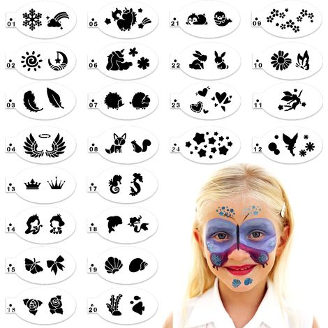 Pochoir Visage - Pochoir Peinture Corps Réutilisable en PET - Pour Fêtes, Halloween, Spectacles Scolaires et Art Corporel - 24 Pièces (1/5)