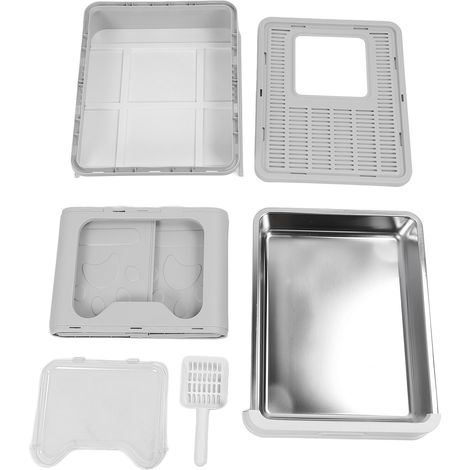 Bac à litière fermé pour chat en acier inoxydable, grand tiroir, anti-odeur, anti-éclaboussures, toilettes pliables avec cuillère grise (1/5)