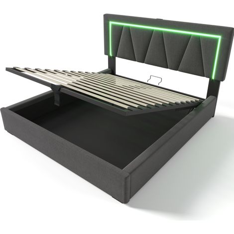 Cama canapé doble 140x200 de lino gris con LED, USB y puerto Tipo-C, cabecero ajustable (1/5)
