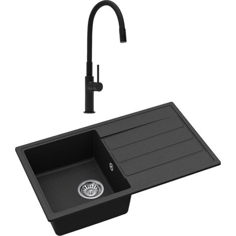 Swiss Aqua Technologies Lavello da incasso 76x44 cm con sgocciolatoio reversibile in granito + miscelatore Neoperl® con aeratore, nero opaco (SATSINKGE3