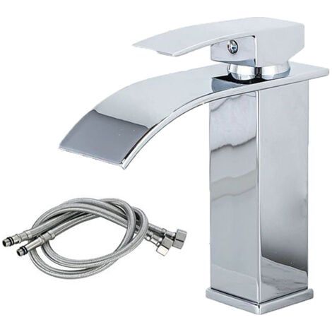 Wasserfall-Waschtischarmatur, MODERNE AUFRÜSTUNG Badarmatur, Großer quadratischer Auslauf aus Messing, Warm- und Kaltwasser verfügbar, Silber (1/5)