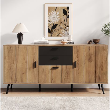 MEUBLIV Sideboard 140x35x67 cm Schwarz und Holz – 2 Schubladen, 3 Türen (1/5)