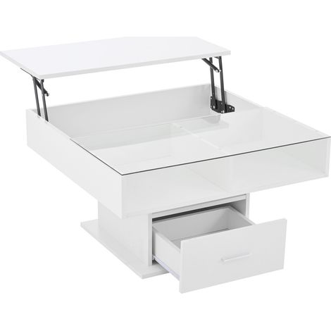 Mesa de centro elevable blanca brillante con LED, altura regulable y almacenaje 78x78 cm (1/5)