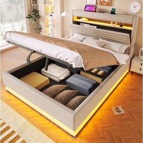 Bett modern gepolstert in Beige 140x200 cm mit Kopfteil, LED, USB/Type-C und hydraulischem Stauraum