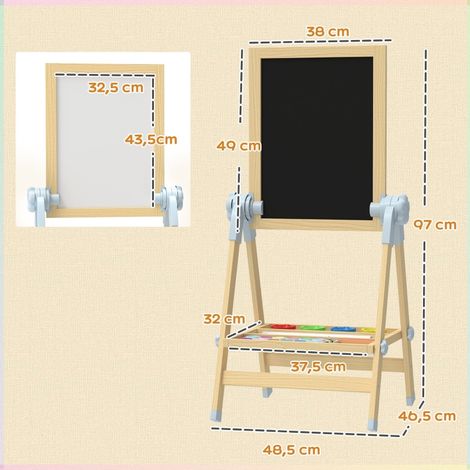 Chevalet bois enfant double face, tableau blanc et ardoise, pied réglable en hauteur, rouleau papier intégré, étagère, naturel, atelier dessin éducatif (1/5)