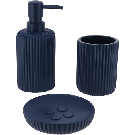 Set de vaso dosificador y jabonera en poliresina rayada - azul marino - Tendance (1/2)