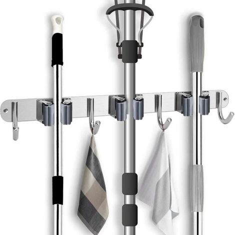 Porte Balais Mural Inoxydable Mop Support Avec 3 Clips Et 4 Crochets - Gris - Acier inoxydable 304-Ywey (1/5)