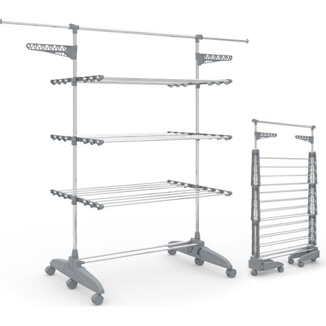 Vounot – Séchoir à linge pliable en acier inox – étendoir mobile 3 niveaux – 23m de séchage – 30kg max – roues pour déplacement facile