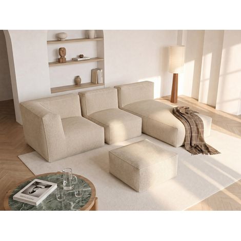 Canapé d'angle modulable avec pouf en velours côtelé beige NOUMARA (1/5)